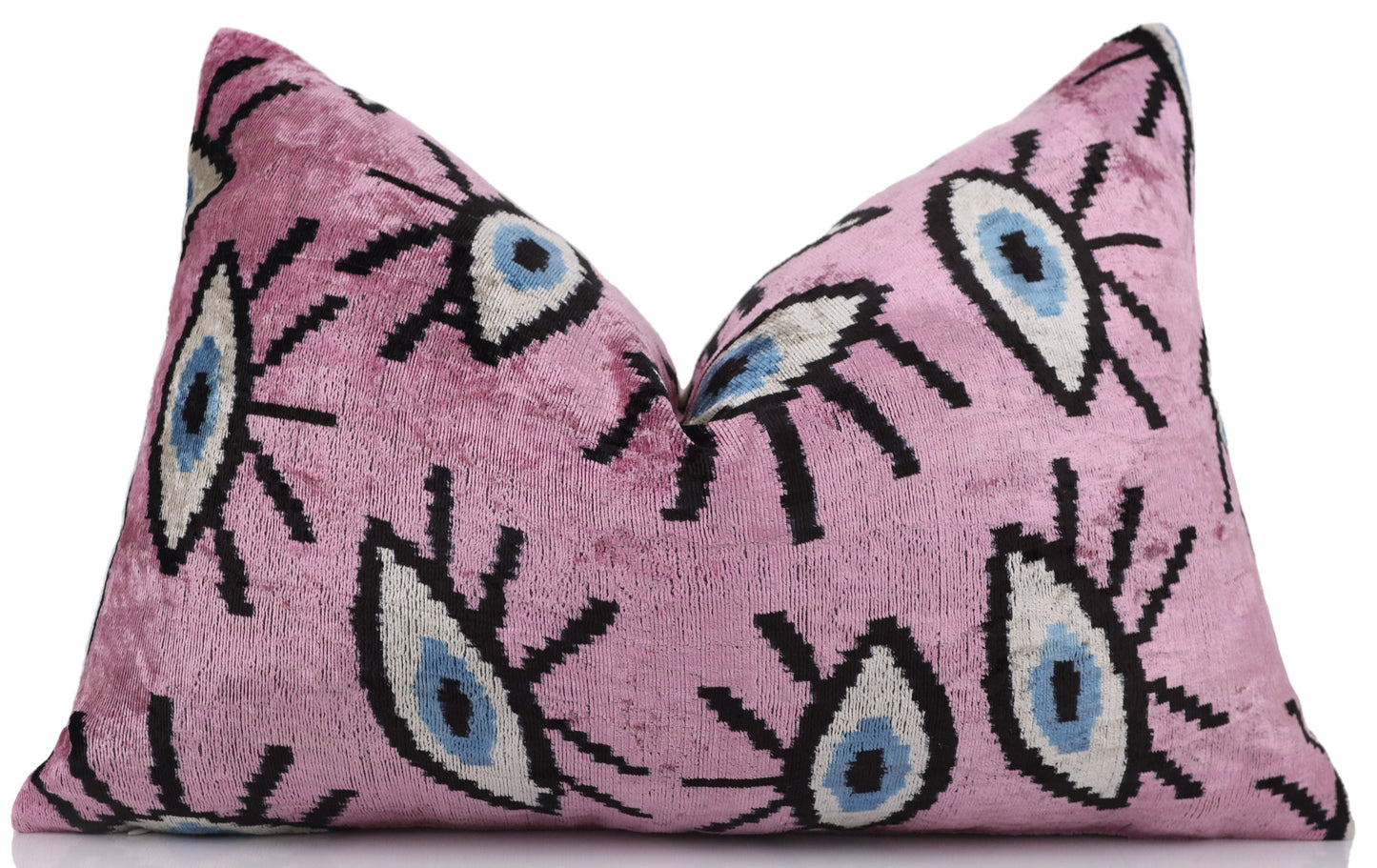Luxury Pink Evil Eye Velvet Pillow 16x24 – Handmade Silk Lumbar Cushion with Bohemian Charm-0