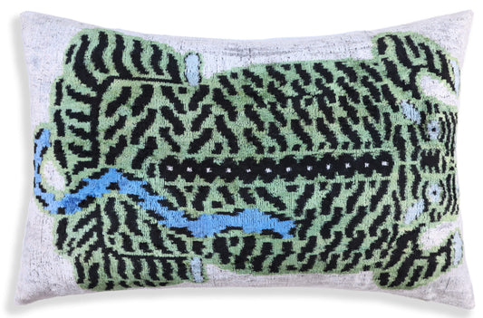 Handmade Green Tiger Velvet Lumbar Pillow 16x24 – Artisan Silk Cushion with Blue Accents-0