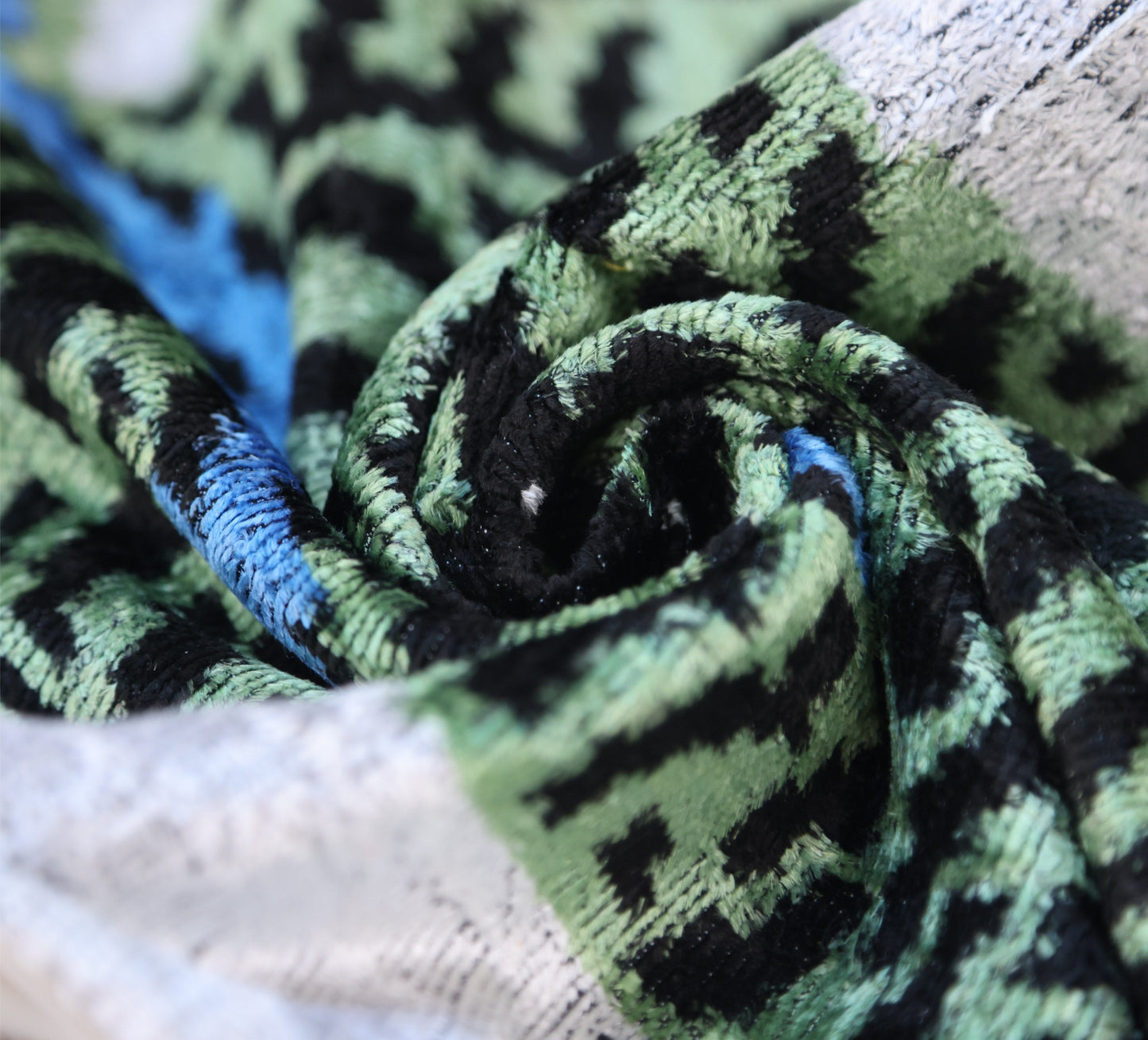 Handmade Green Tiger Velvet Lumbar Pillow 16x24 – Artisan Silk Cushion with Blue Accents-1