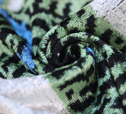 Handmade Green Tiger Velvet Lumbar Pillow 16x24 – Artisan Silk Cushion with Blue Accents-1