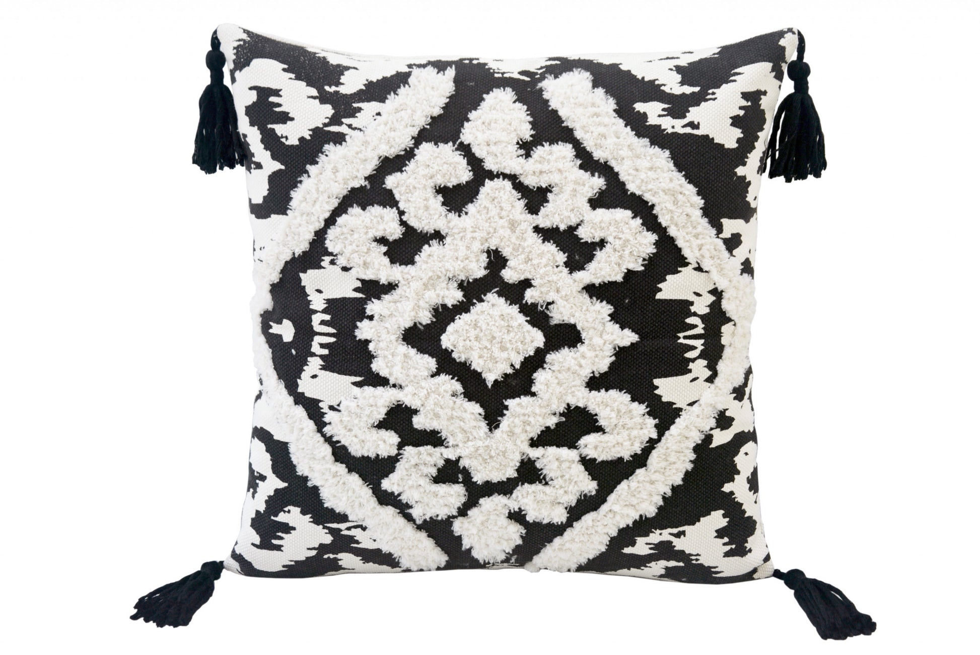17" Black and White Throw Pillow with Tassels-1