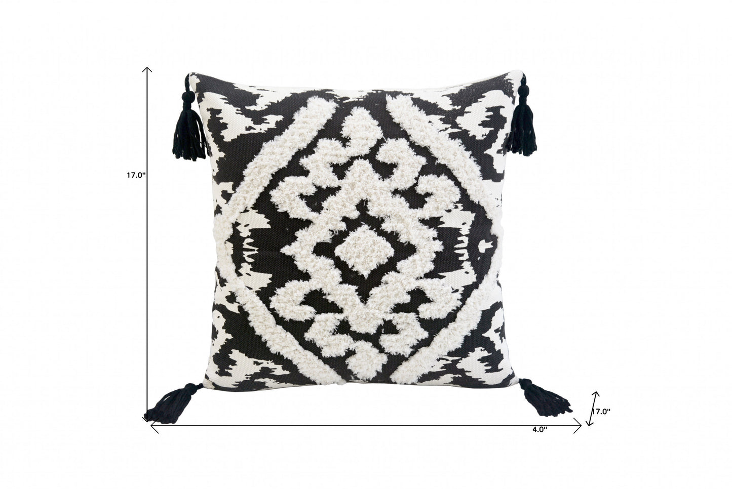 17" Black and White Throw Pillow with Tassels-3