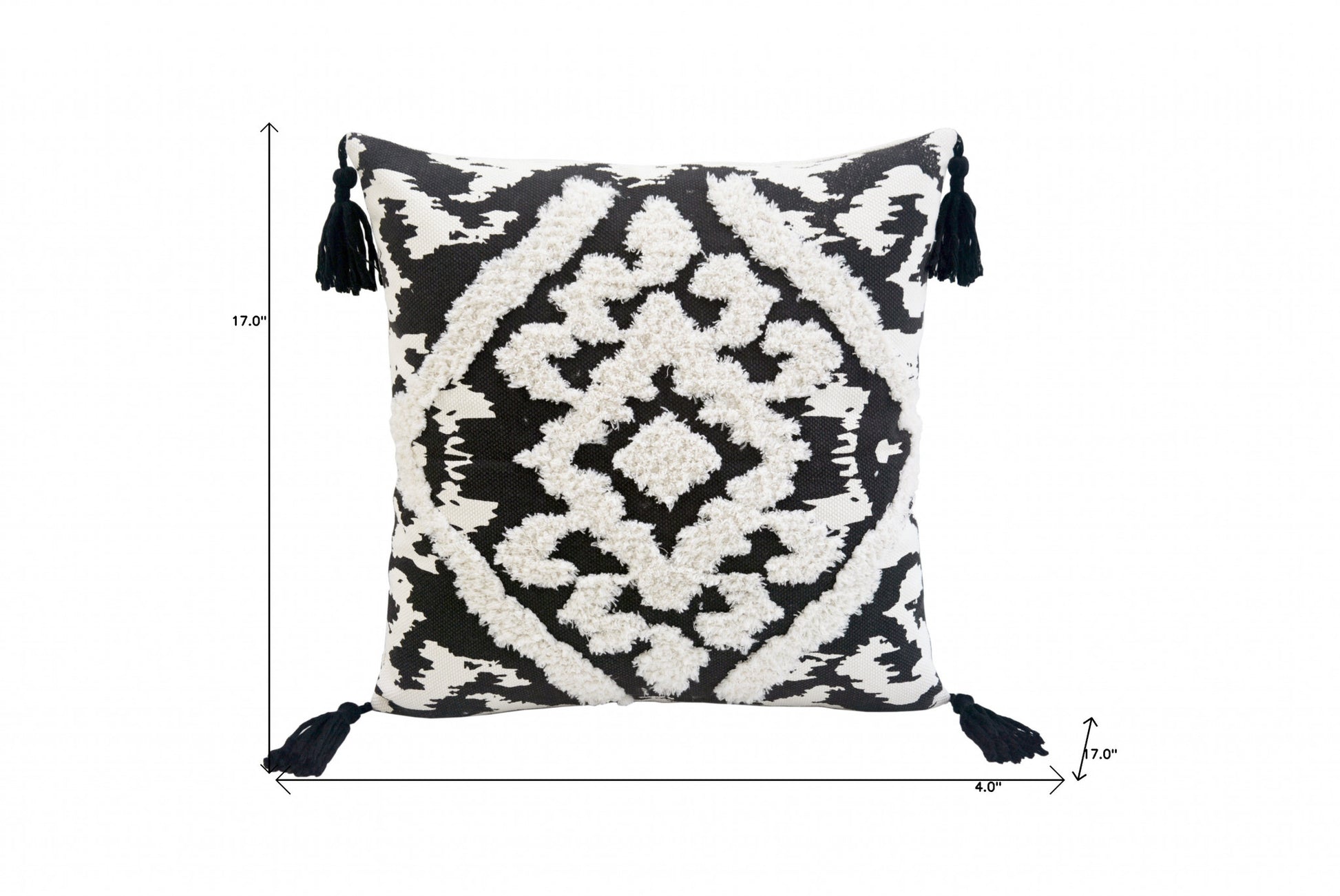 17" Black and White Throw Pillow with Tassels-3