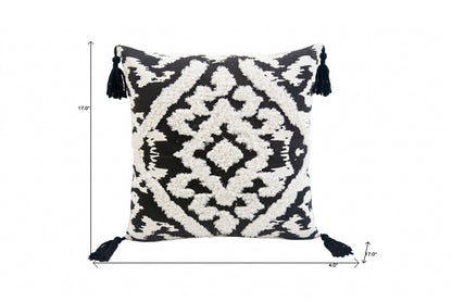 17" Black and White Throw Pillow with Tassels-3