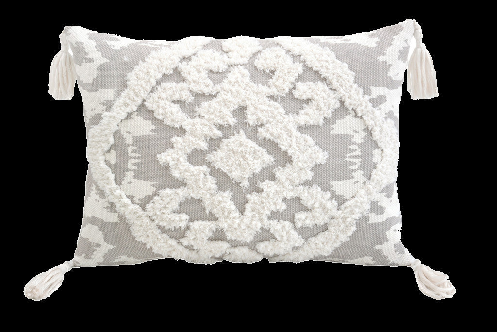 13" X 18" Gray and White Throw Pillow with Tassels-3