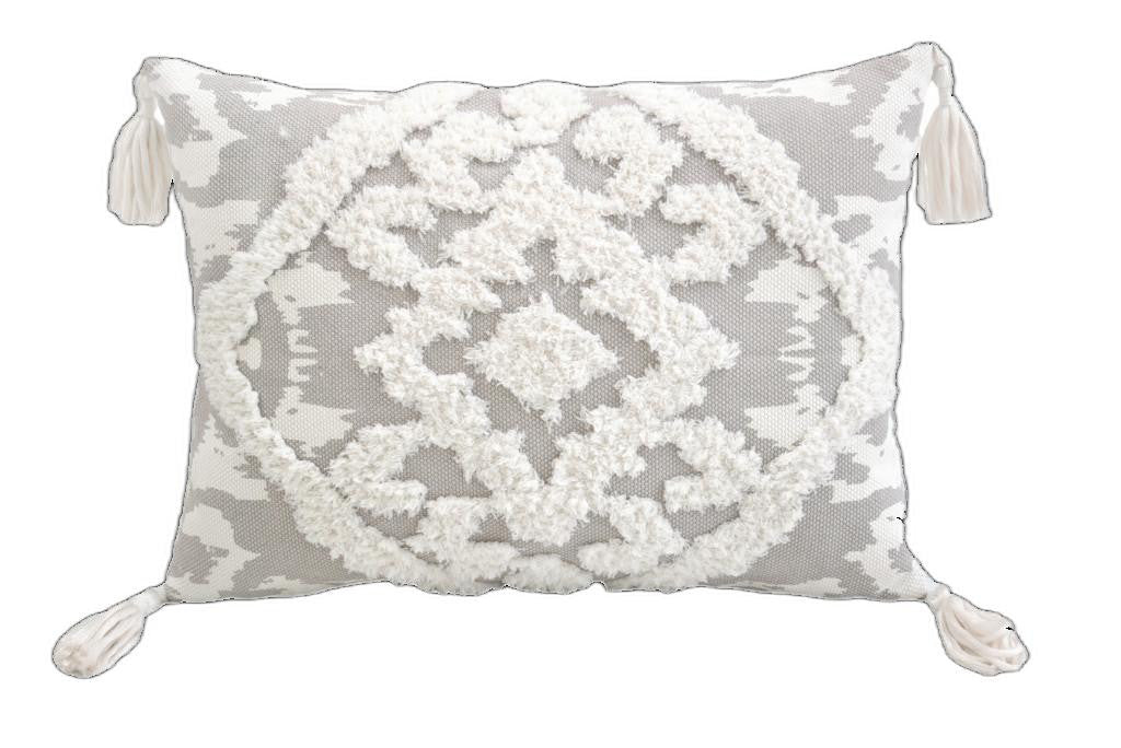 13" X 18" Gray and White Throw Pillow with Tassels-1