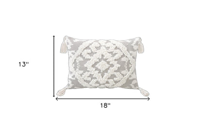 13" X 18" Gray and White Throw Pillow with Tassels-6