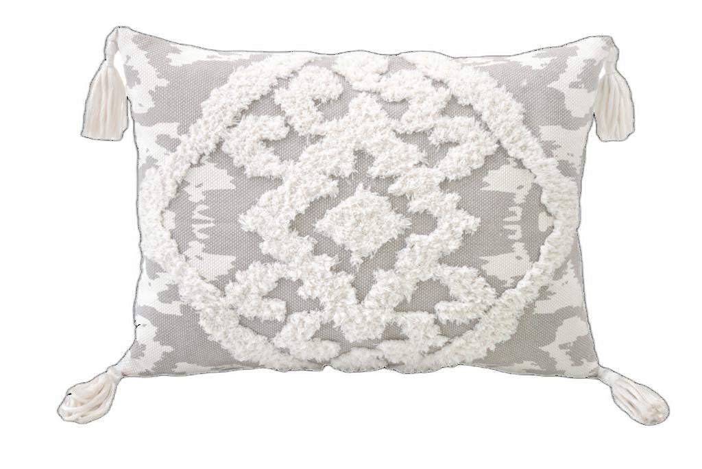13" X 18" Gray and White Throw Pillow with Tassels-0