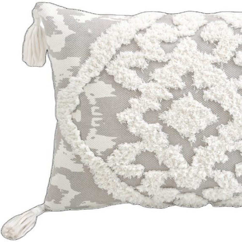 13" X 18" Gray and White Throw Pillow with Tassels-2