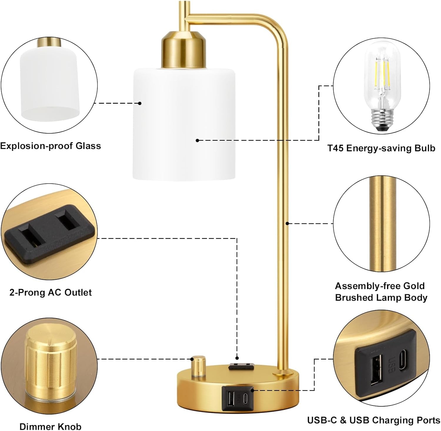 Industrial Table Lamps for Bedroom Set of 2 - Fully Dimmable Bedside Lamps with USB Ports and Outlet, Gold Nightstand Lamps with Opal Glass Shade for Living Room, Desk Lamps for Office Reading-4
