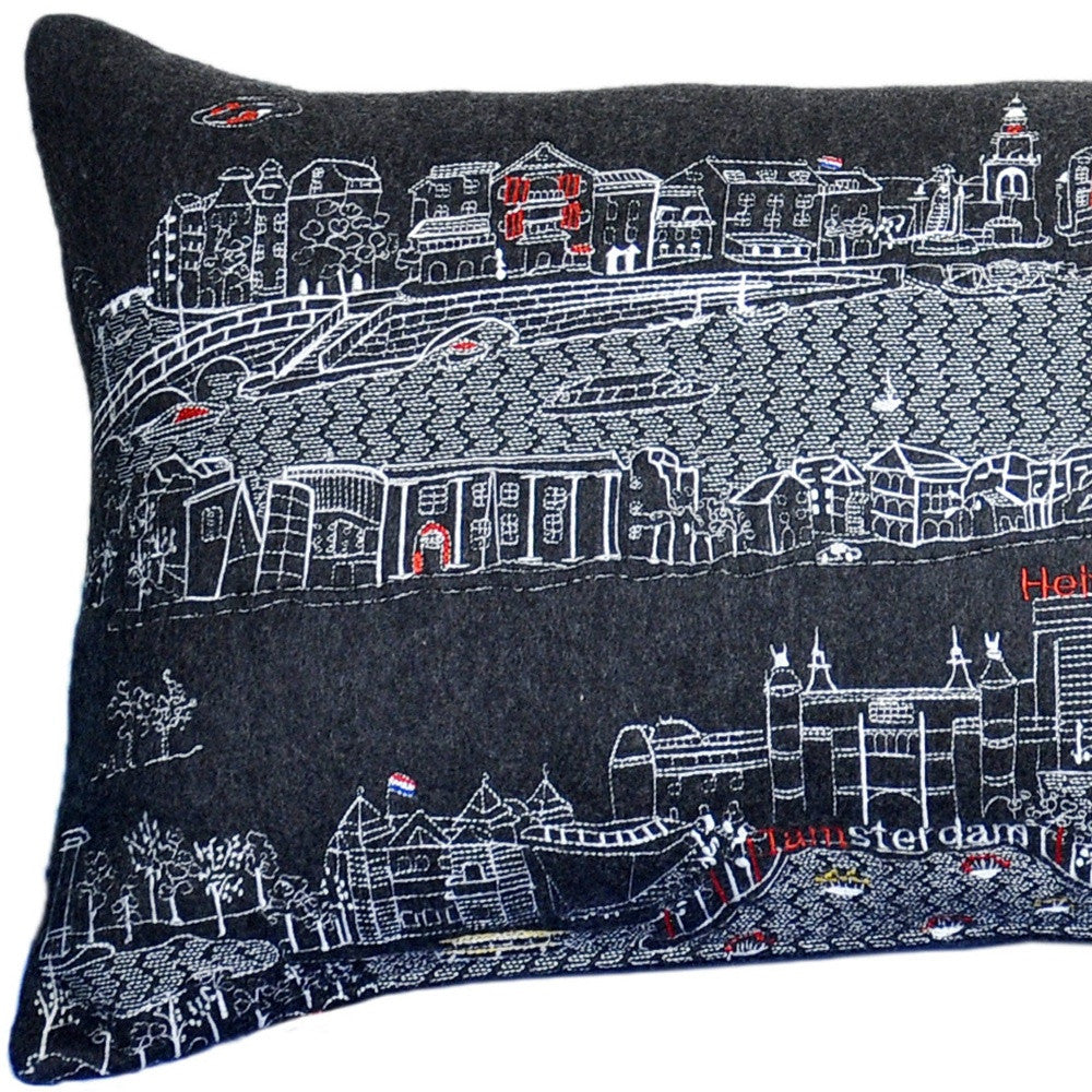 14" X 35" Black Gray and White Hometown Pride Wool Lumbar Throw Pillow-3