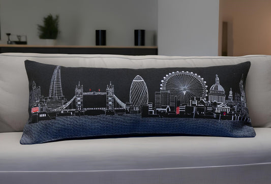 14" X 35" Black Gray and White Hometown Pride Wool Lumbar Throw Pillow-0