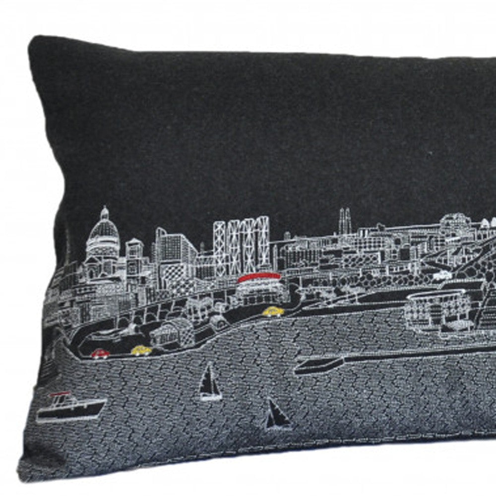 14" X 35" Black Gray and White Hometown Pride Wool Lumbar Throw Pillow-2