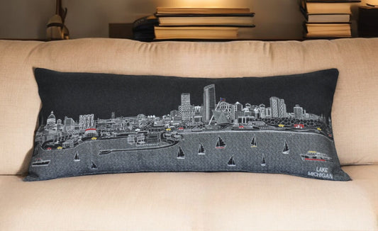 14" X 35" Black Gray and White Hometown Pride Wool Lumbar Throw Pillow-0