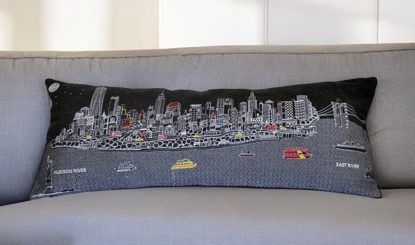 14" X 35" Black Gray and White Hometown Pride Wool Lumbar Throw Pillow-0