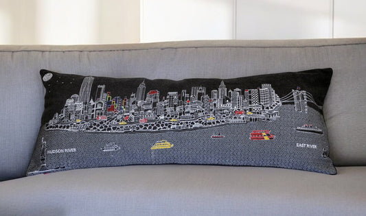 14" X 35" Black Gray and White Hometown Pride Wool Lumbar Throw Pillow-0