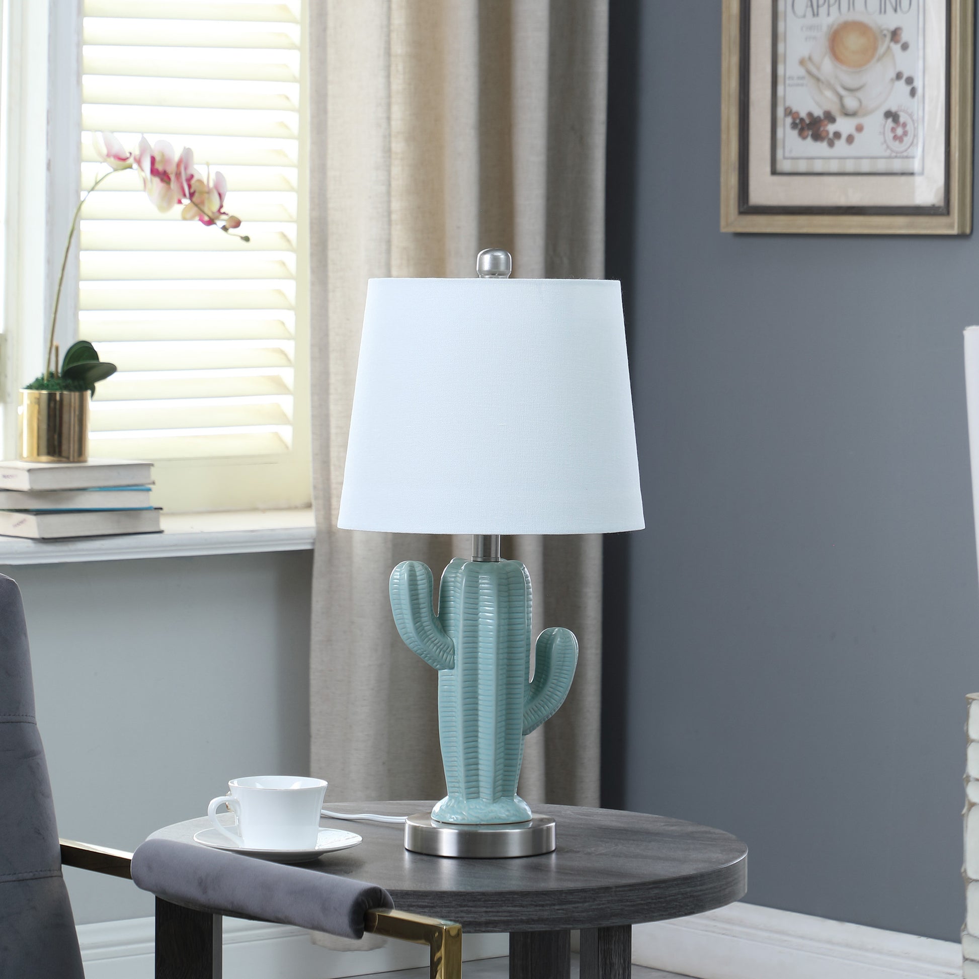 22" Pale Blue Green Ceramic Cactus Table Lamp With White Shade-3