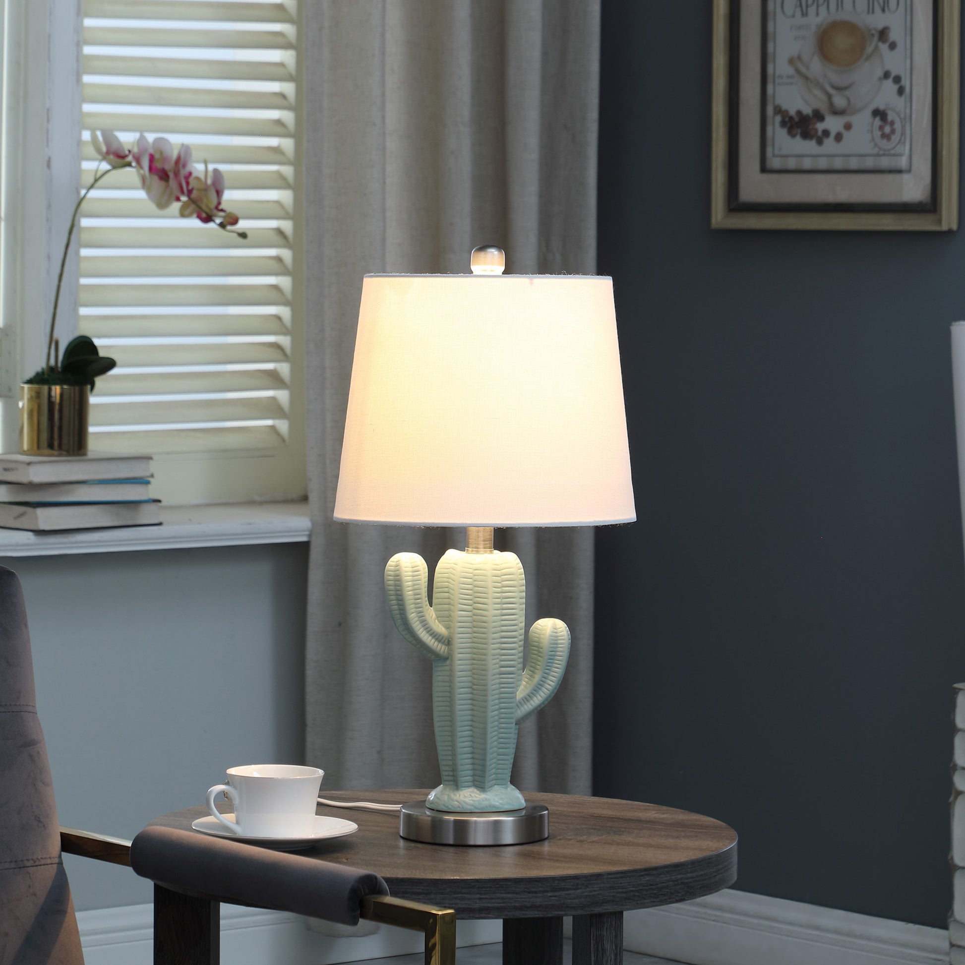 22" Pale Blue Green Ceramic Cactus Table Lamp With White Shade-4