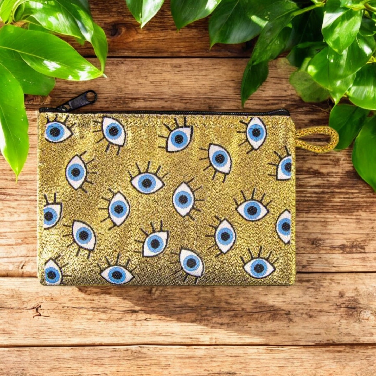 Gold Evil Eye Patterned Woven Zipper Coin Purse-1