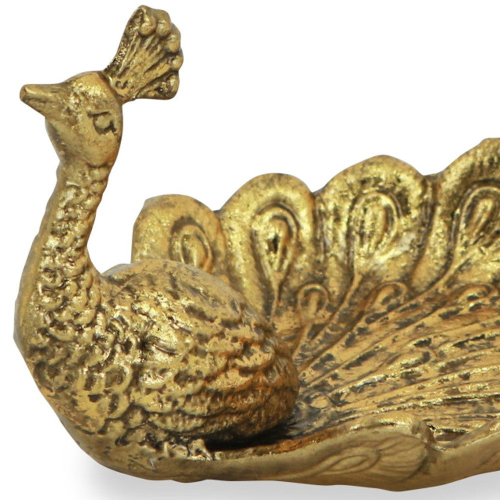 7" Burnished Gold Peacock Metal Handmade Tray-8
