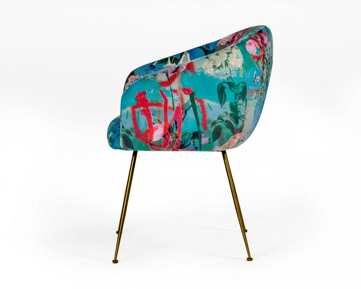 Blue Green And Gold Floral Velvet Dining Arm Chair-3