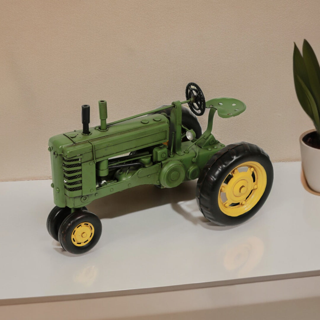 7" Green and Black Metal Hand Painted Model Tractor Tabletop Sculpture-1