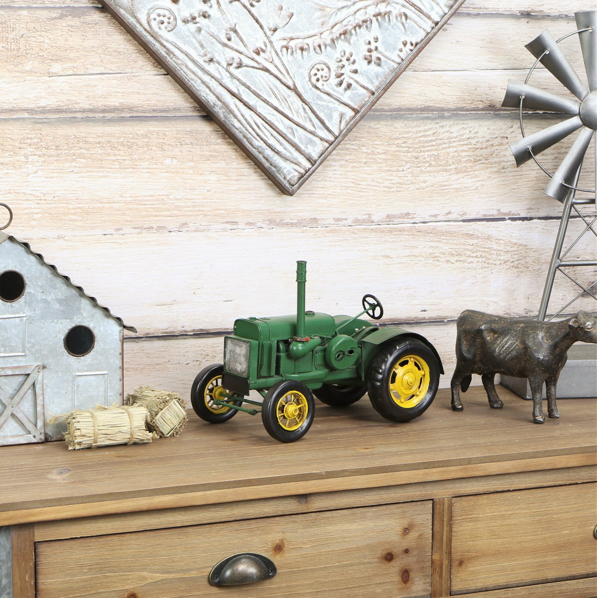 8" Green and Black Metal Hand Painted Model Tractor Tabletop Sculpture-6