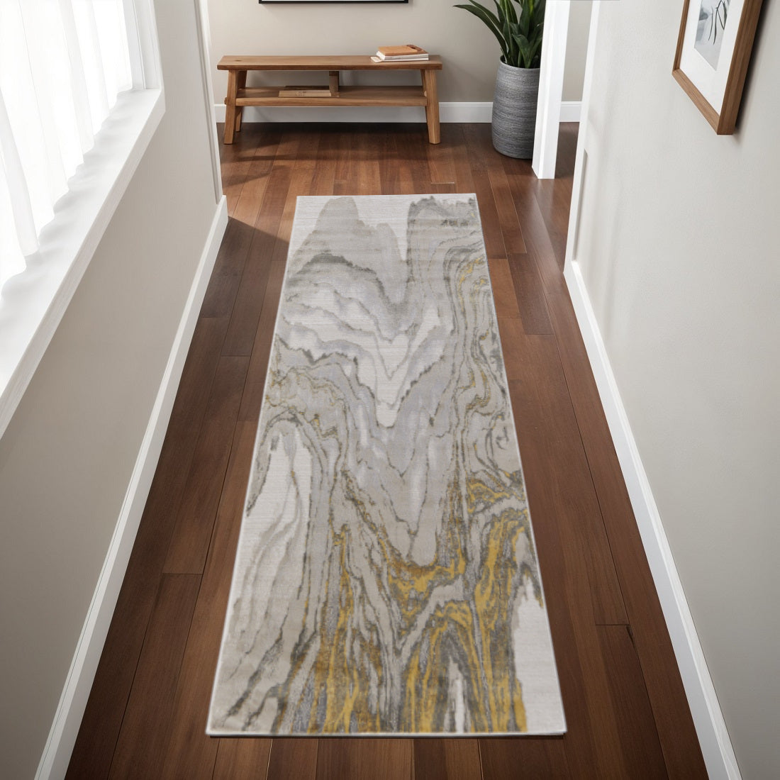 8' Gold and Ivory Abstract Runner Rug-1