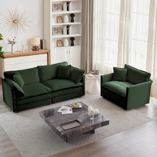 Luxury 2 Piece Loveseat Couch & Sofa Armchair Set, Modern Upholstered Chenille Cloud Couches Set Furniture with 5 Pillow for Living Room Bedroom Office Apartment, Evergreen-0