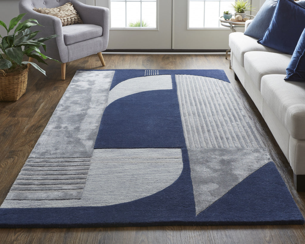 10' X 14' Blue And Silver Wool Geometric Tufted Handmade Area Rug-7