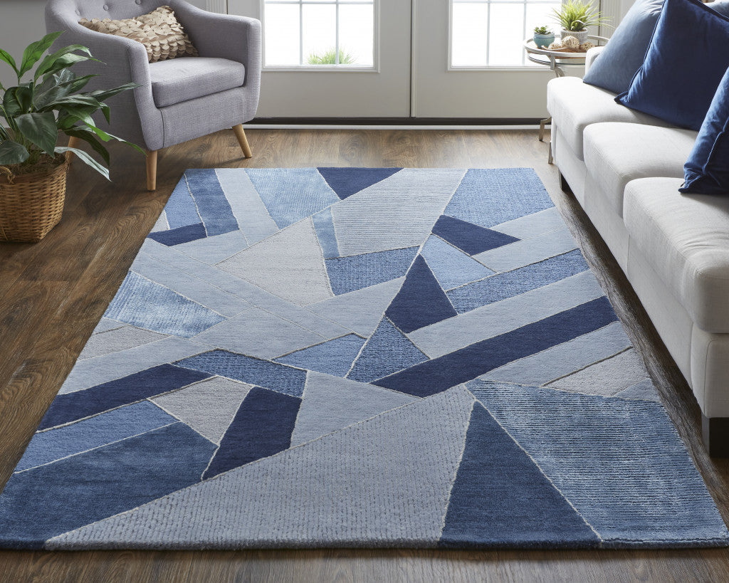 8' X 10' Blue And Silver Wool Geometric Tufted Handmade Area Rug-4