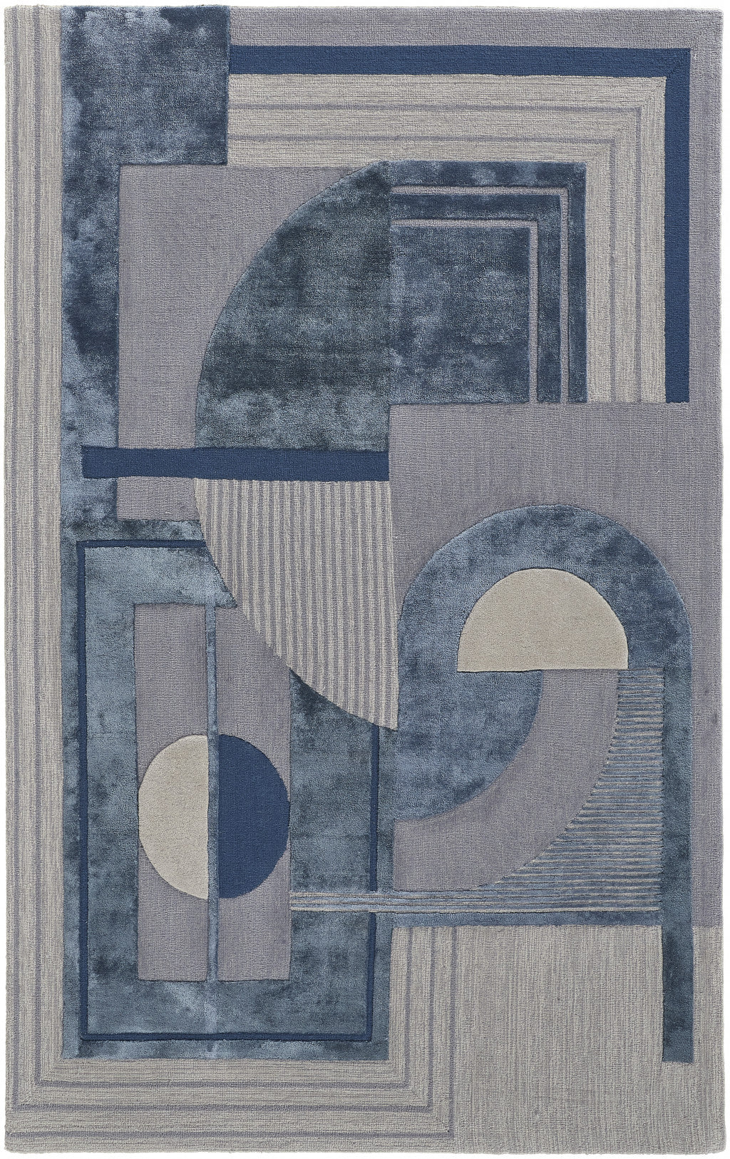 5' X 8' Blue Ivory And Gray Wool Striped Tufted Handmade Area Rug-0