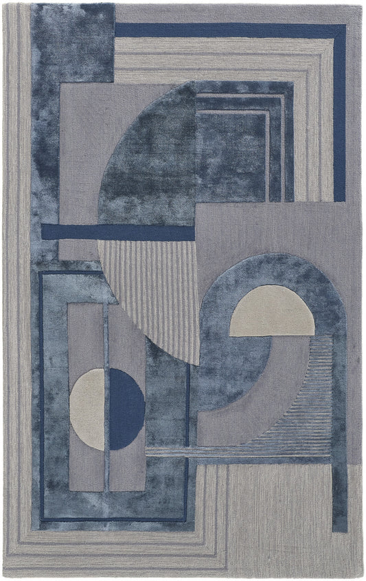 5' X 8' Blue Ivory And Gray Wool Striped Tufted Handmade Area Rug-0