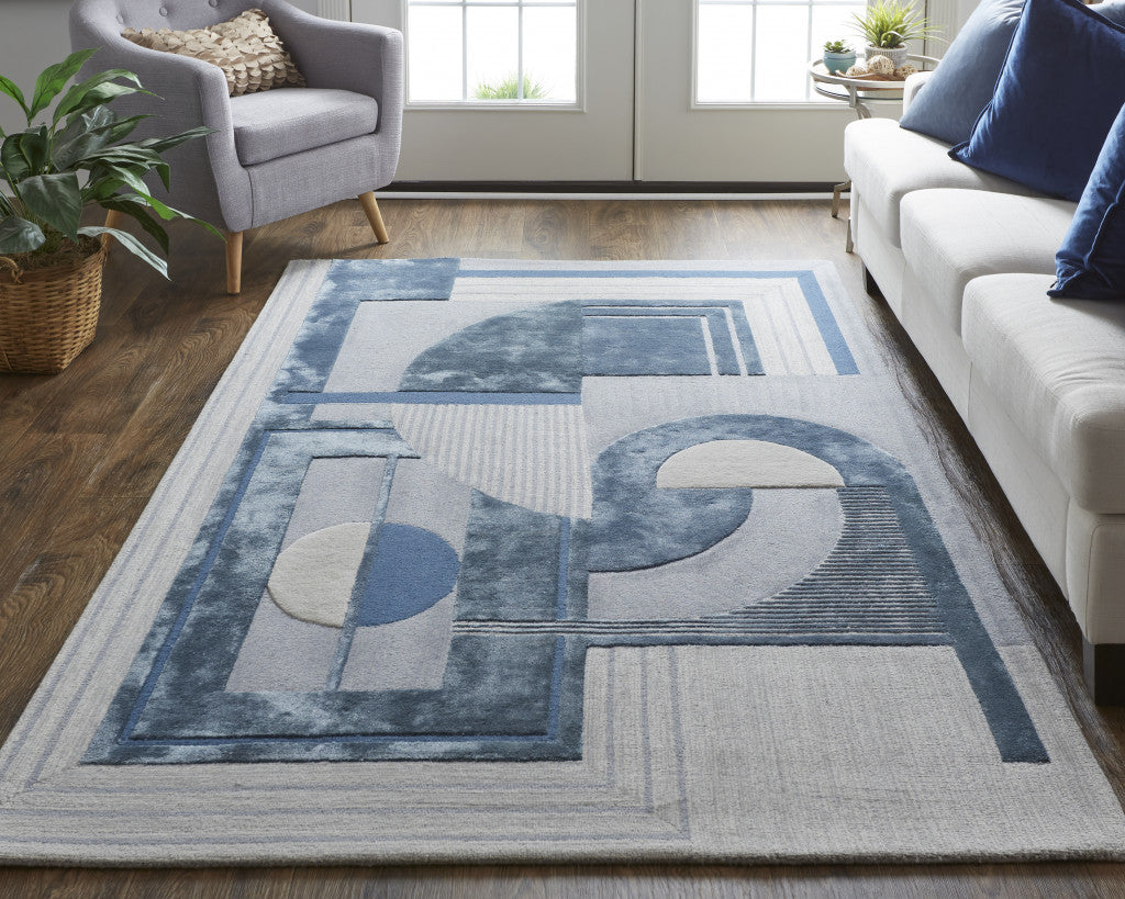 5' X 8' Blue Ivory And Gray Wool Striped Tufted Handmade Area Rug-7