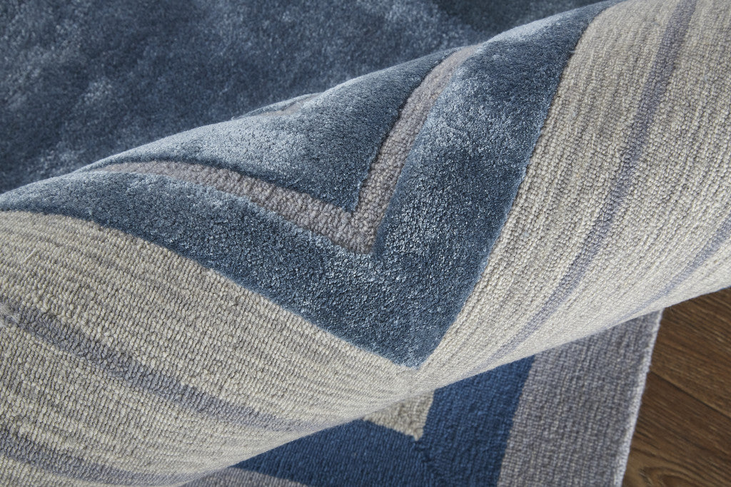 5' X 8' Blue Ivory And Gray Wool Striped Tufted Handmade Area Rug-4