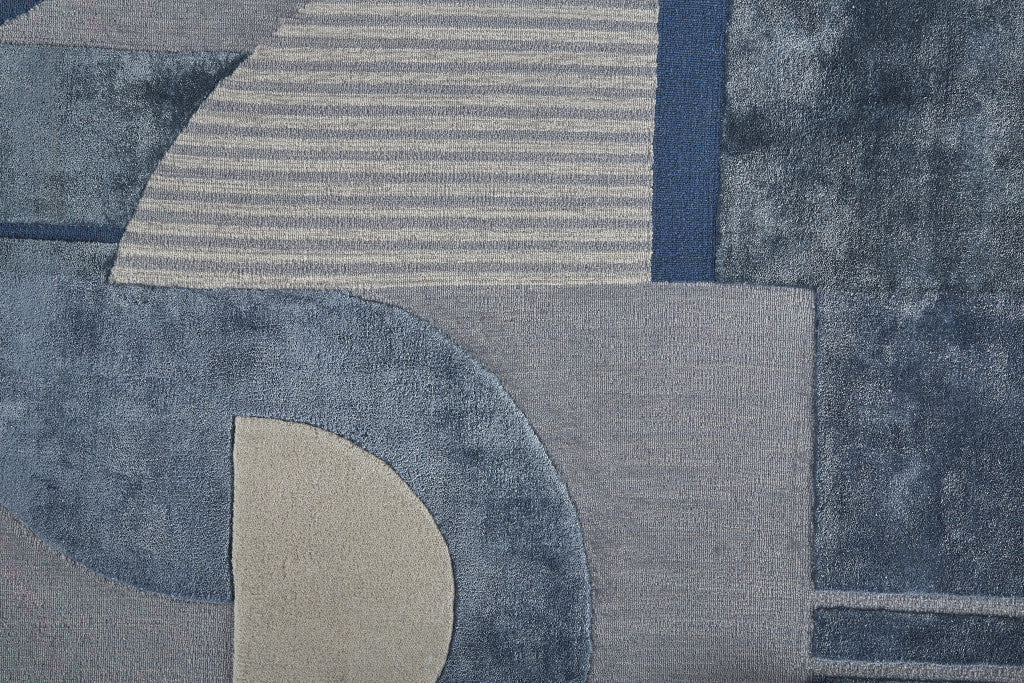 5' X 8' Blue Ivory And Gray Wool Striped Tufted Handmade Area Rug-5
