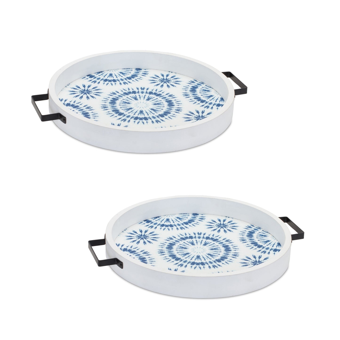 Set of Two Blue Round Solid Wood Vanity Tray With Handles-2