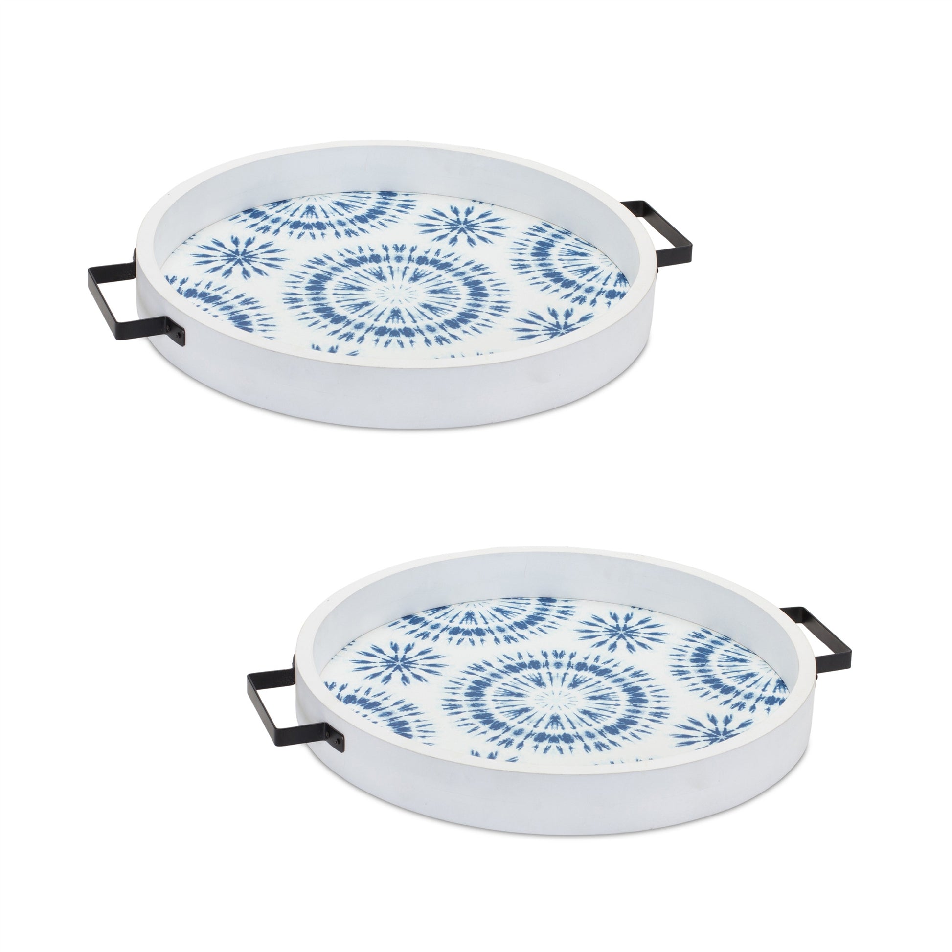 Set of Two Blue Round Solid Wood Vanity Tray With Handles-2