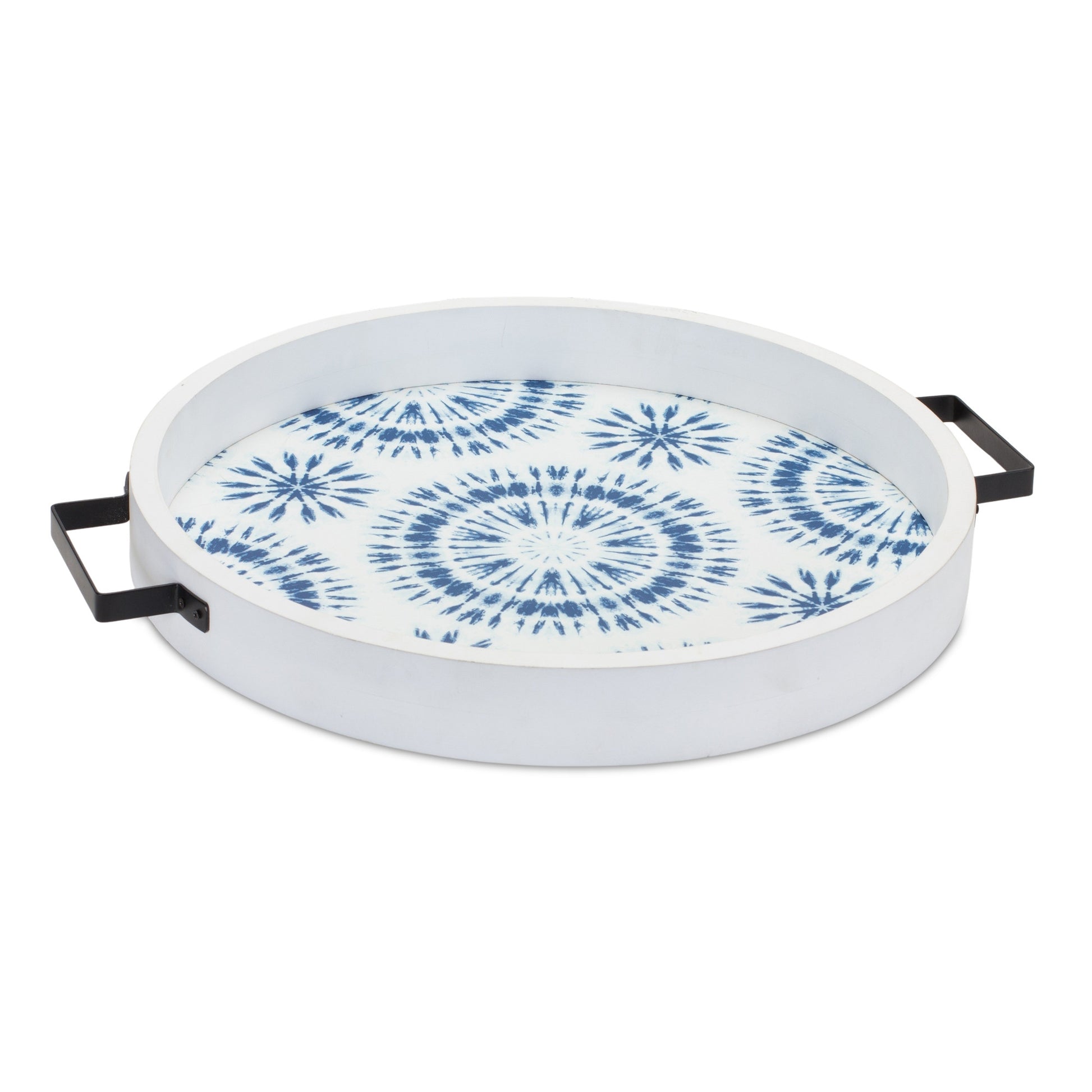 Set of Two Blue Round Solid Wood Vanity Tray With Handles-1