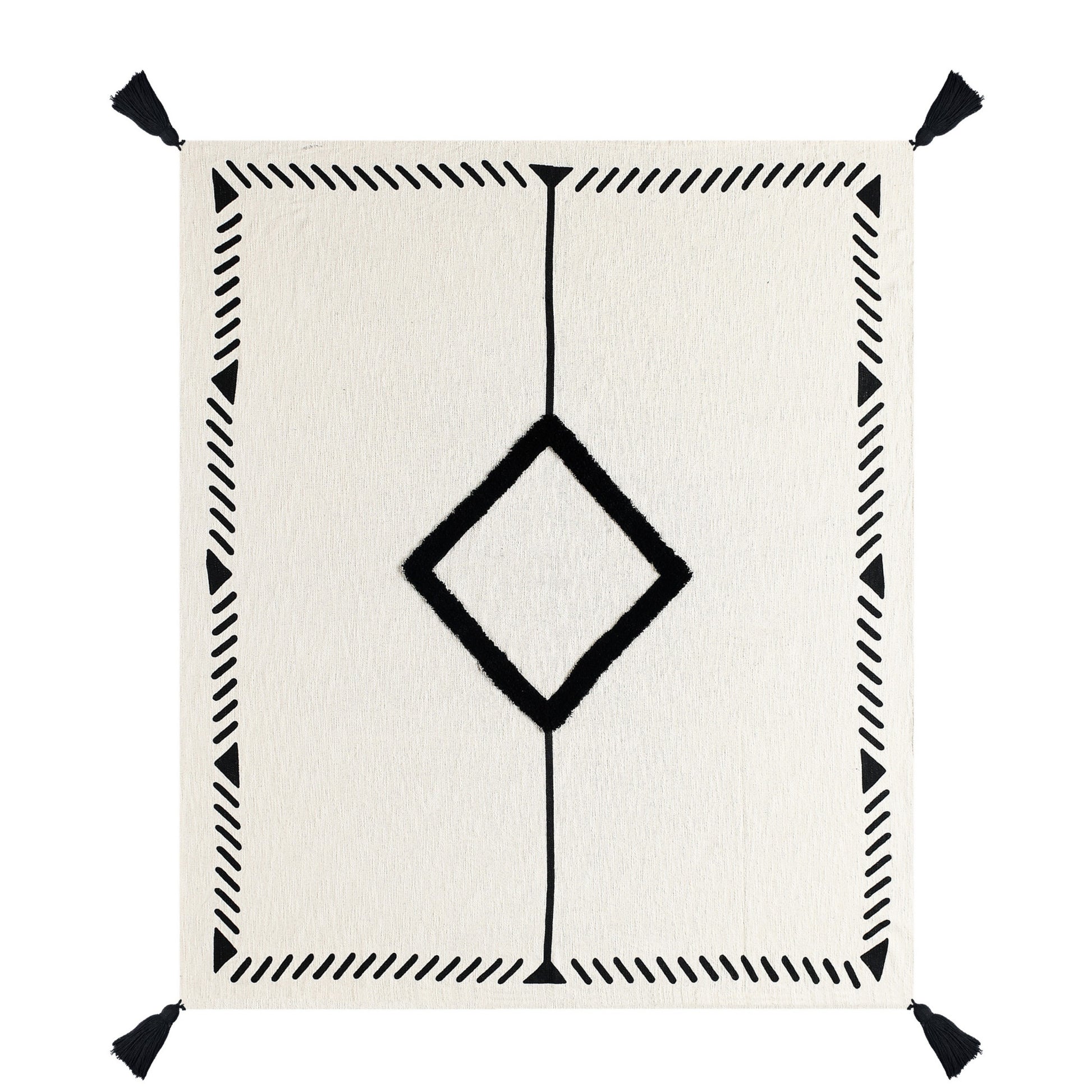 50" X 60" Black and White Woven Cotton Geometric Throw Blanket with Tassels-2