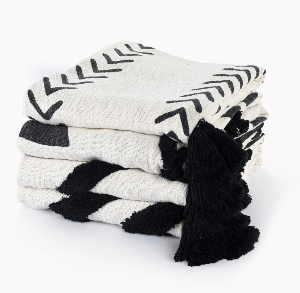 50" X 60" Black and White Woven Cotton Geometric Throw Blanket with Tassels-4