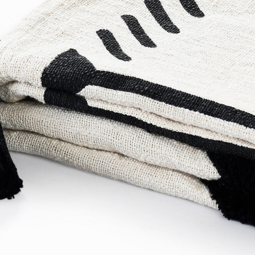 50" X 60" Black and White Woven Cotton Geometric Throw Blanket with Tassels-6