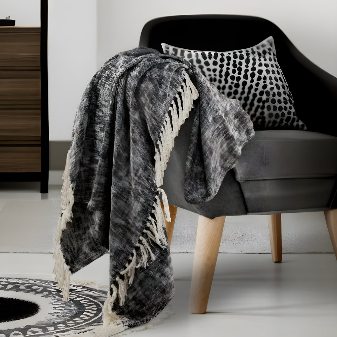 50" X 60" Black and White Woven Cotton Throw Blanket with Fringe-2