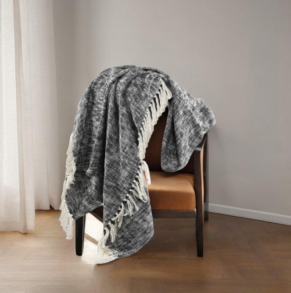 50" X 60" Black and White Woven Cotton Throw Blanket with Fringe-1