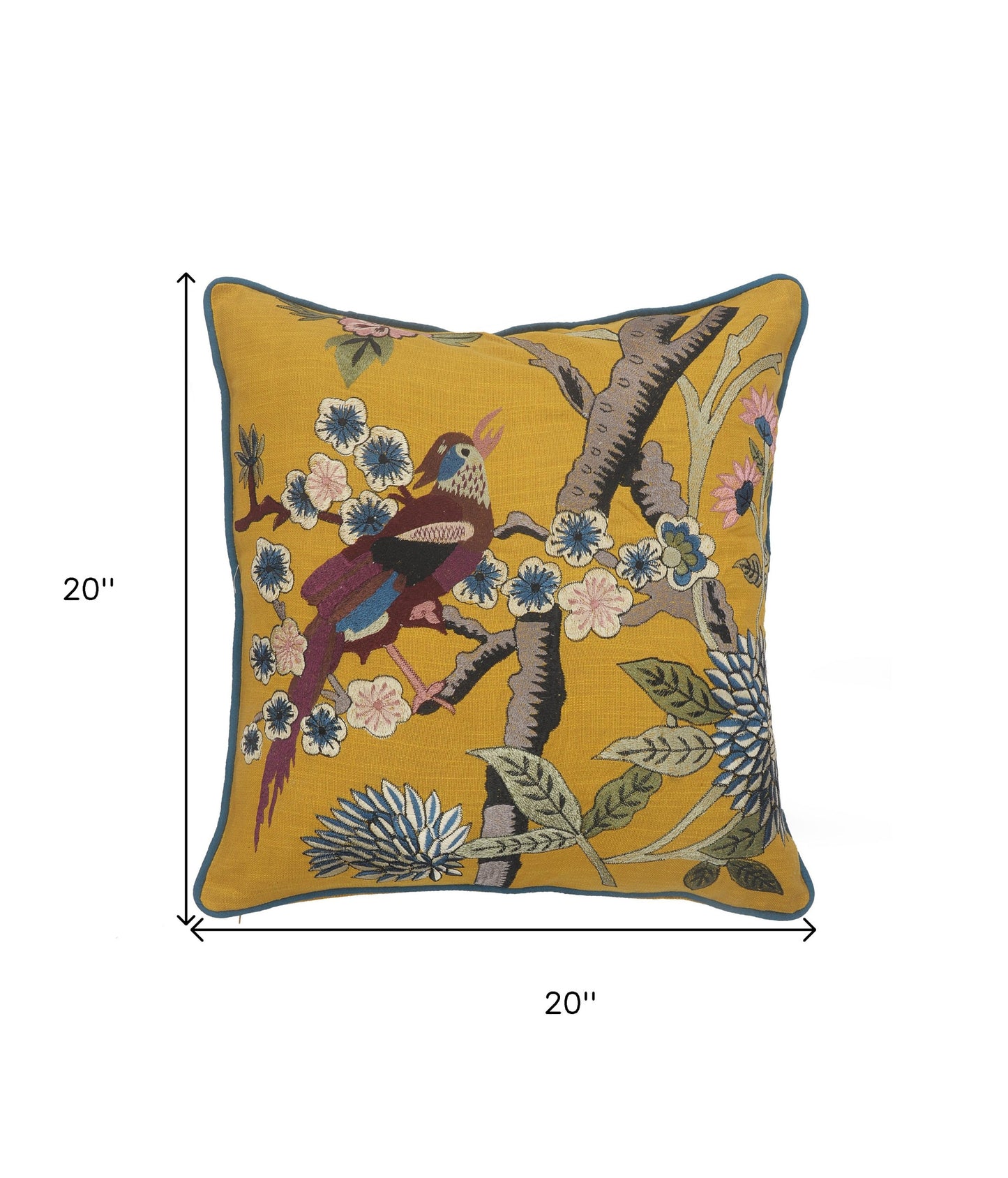 20" Blue and Yellow Bird Floral Throw Pillow with Embroidery-6