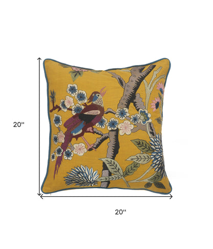 20" Blue and Yellow Bird Floral Throw Pillow with Embroidery-6