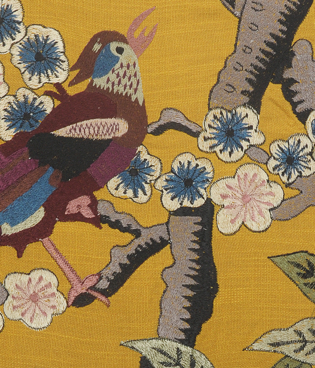 20" Blue and Yellow Bird Floral Throw Pillow with Embroidery-2