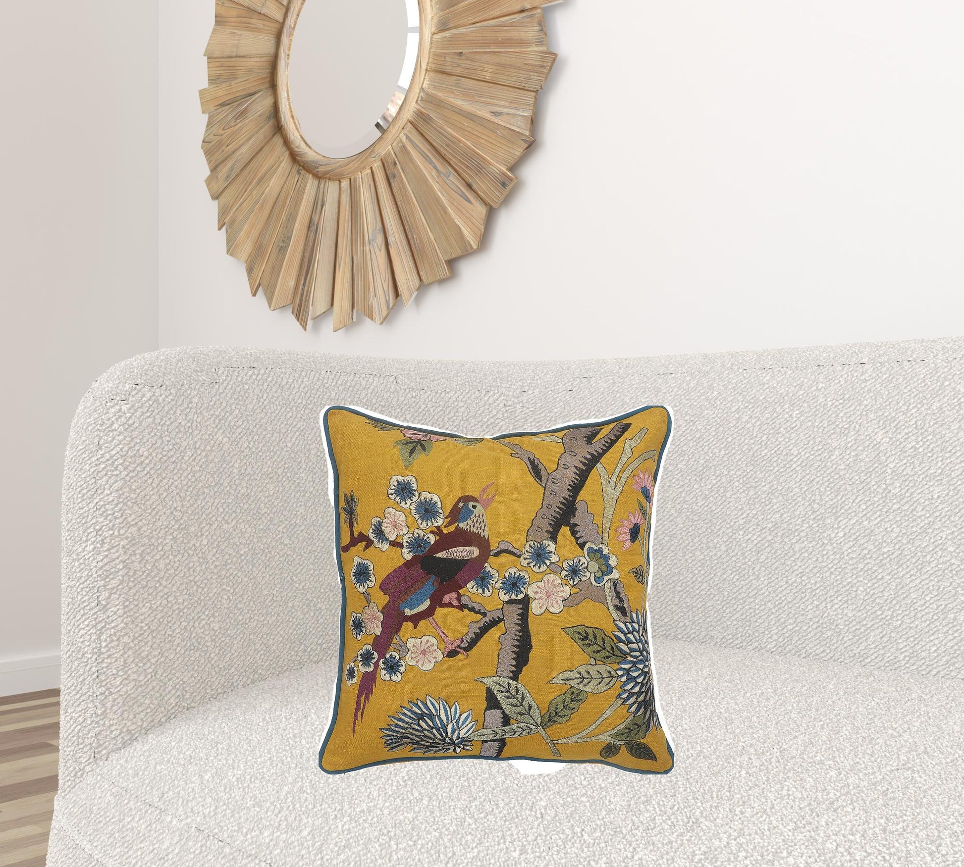 20" Blue and Yellow Bird Floral Throw Pillow with Embroidery-1