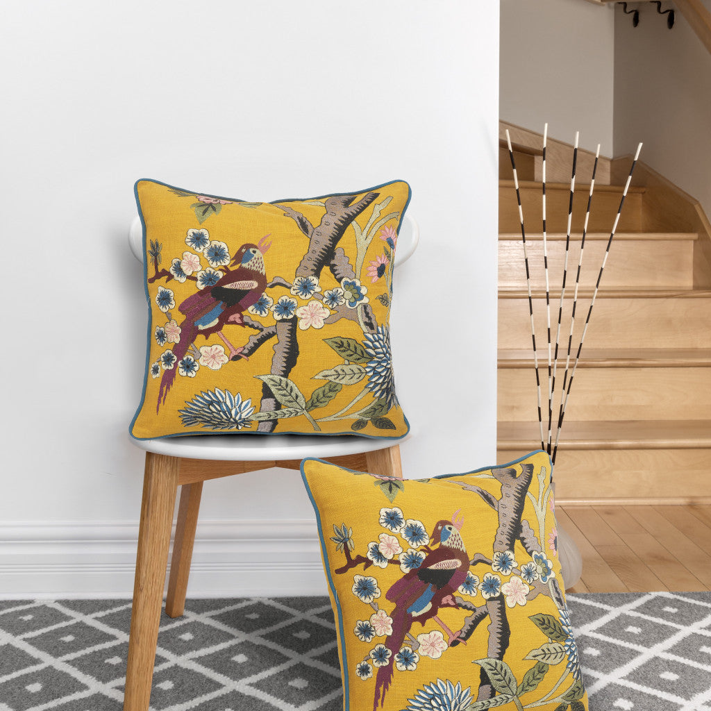 20" Blue and Yellow Bird Floral Throw Pillow with Embroidery-3