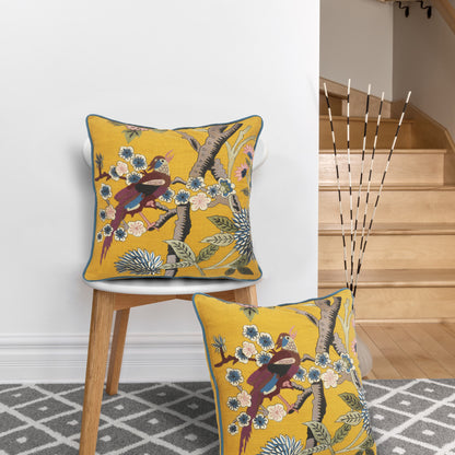 20" Blue and Yellow Bird Floral Throw Pillow with Embroidery-3